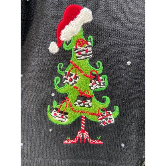 Mandal Bay Cardigan Womens Sz XL Christmas Holiday Trees Beads Santa Hat Black - Picture 2 of 9